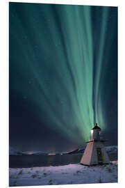 Foam board print Northern lights over fjord with lighthouse in winter