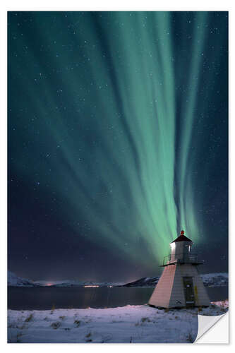 Selvklæbende plakat Northern lights over fjord with lighthouse in winter