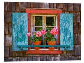 Print på skumplade Flower window with geraniums