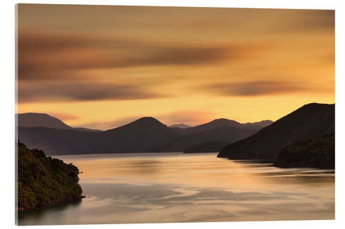 Tableau en verre acrylique Marlborough Sounds au lever du soleil, Nouvelle-Zélande