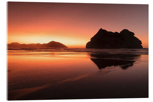 Acrylglasbild Wharariki Beach bei Sonnenuntergang, Neuseeland