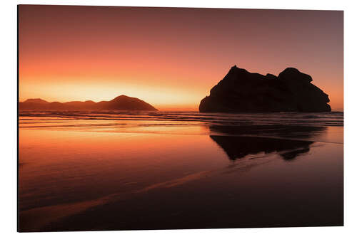 Aluminium print Wharariki Beach at sunset, New Zealand