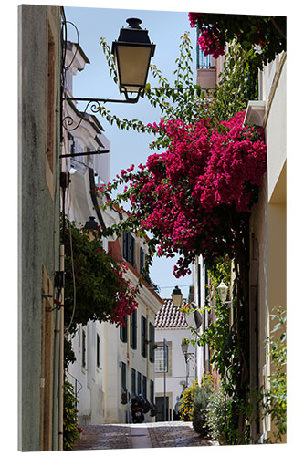 Tableau en verre acrylique Petite ruelle avec bougainvilliers rouges en fleurs