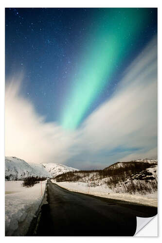 Muursticker Northern lights over road with snow mountains