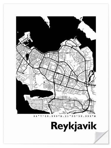 Selvklæbende plakat Reykjavik city map