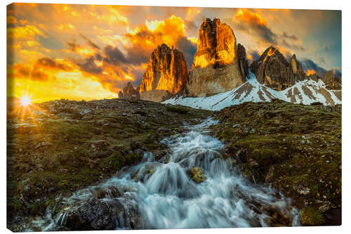 Canvas print Three Peaks in the Dolomites at sunrise