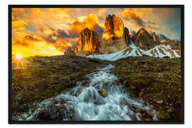 Gerahmter Kunstdruck Drei Zinnen in den Dolomiten bei Sonnenaufgang