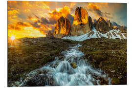 Cuadro de plexi-alu Tres picos en los Dolomitas al amanecer.