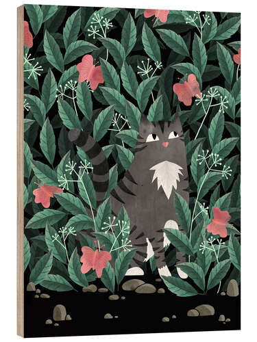 Quadro de madeira Gato malhado no jardim das borboletas