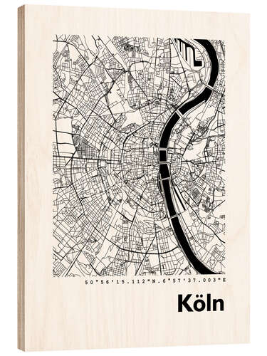 Wood print City map of Cologne