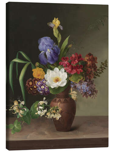 Canvas print Greek style vase with iris, lilac and honeysuckle