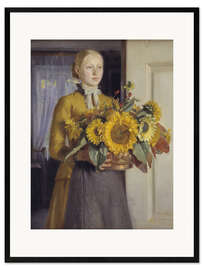 Ingelijste kunstdruk Girl with sunflowers
