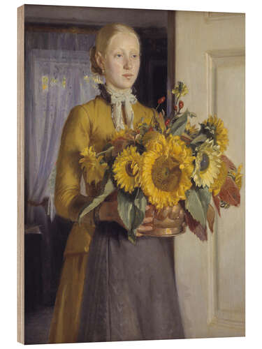 Wood print Girl with sunflowers