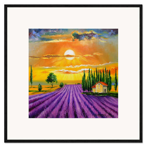 Impresión de arte enmarcada Puesta de sol sobre el campo de lavanda