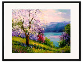 Gerahmter Kunstdruck Kirschblüte am Ufer
