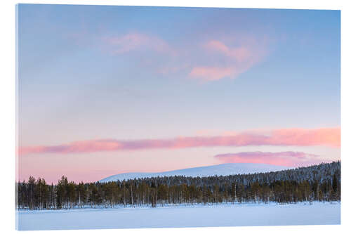 Acrylic print Frozen lake, forest and mountains at sunset