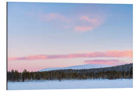 Aluminium print Frozen lake, forest and mountains at sunset