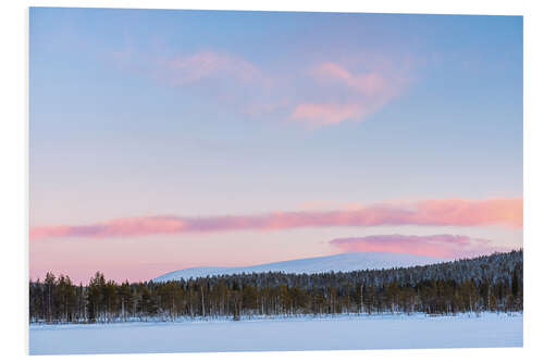 Foam board print Frozen lake, forest and mountains at sunset