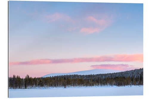 Galleritryk Frozen lake, forest and mountains at sunset