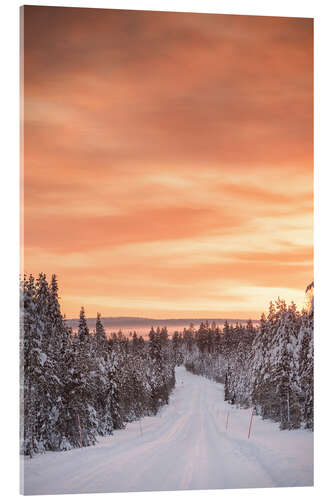 Acrylglasbild Winterstraße bei Sonnenuntergang