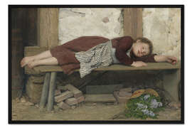 Gerahmter Kunstdruck Schlafendes Mädchen auf einer Holzbank