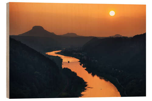 Tableau en bois Soleil du soir sur l'Elbe (Lilienstein)
