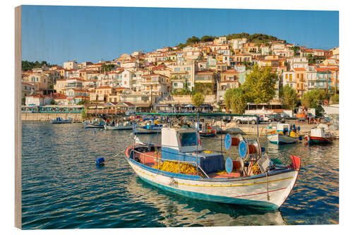 Quadro de madeira Barco de pesca no porto de Plomari, Grécia