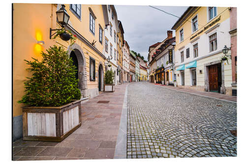 Aluminium print Ljubljana cobbled street and architecture