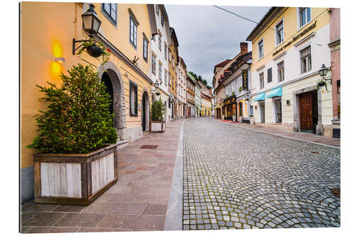 Quadro em plexi-alumínio Rua de paralelepípedos e arquitetura de Liubliana