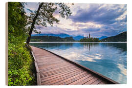 Holzbild Lake Bled bei Sonnenuntergang