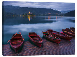 Canvas print Lake Bled Island and Church with Traditional Rowing Boats in Slovenia