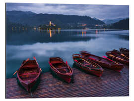 Magnettafel Bleder See und Kirche mit traditionellen Ruderbooten in Slowenien