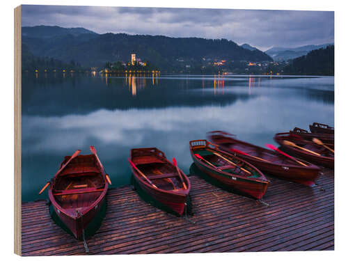 Wood print Lake Bled Island and Church with Traditional Rowing Boats in Slovenia