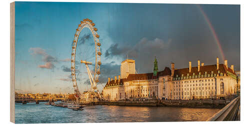 Print på træ London Eye and Rainbow with Approaching Storm