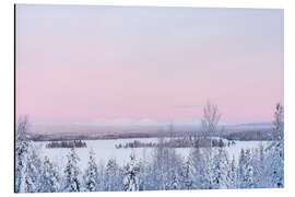 Tableau en aluminium Coucher de soleil rose sur un paysage forestier couvert de neige