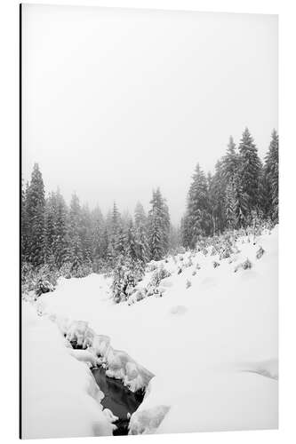 Tableau en aluminium Eau noire dans la forêt d'hiver blanche