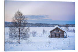 Tableau en plexi-alu Cabane à distance dans un paysage hivernal au pays des merveilles