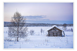 Poster Cabane à distance dans un paysage hivernal au pays des merveilles