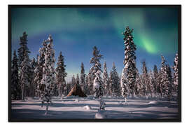 Gerahmter Kunstdruck Nordlichter über einem schneebedeckten Wald