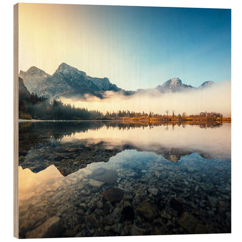 Wood print Reflection at the Almsee at sunrise