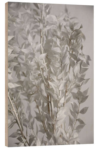 Wood print White leaves - butcher's broom plant