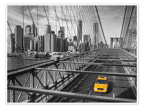 Plakat A yellow cab on Brooklyn Bridge