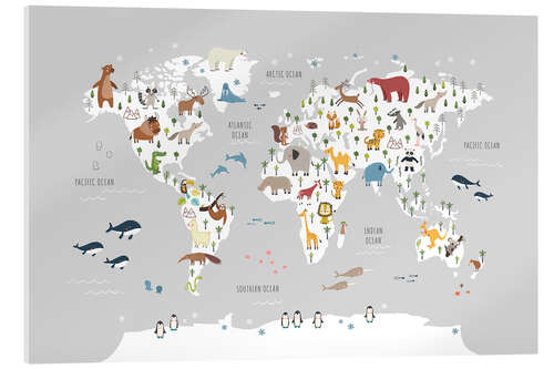 Obraz na szkle akrylowym Mapa świata dzieci ze zwierzętami (szara)