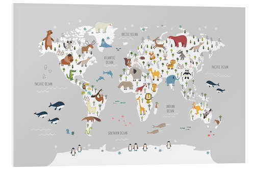 Foam board print World map with animals (grey)