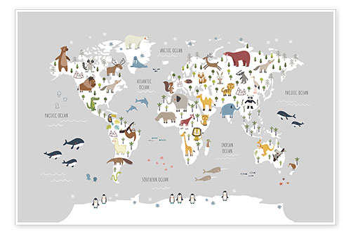Poster World map with animals (grey)