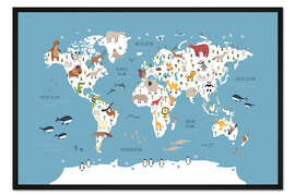 Gerahmter Kunstdruck Kinder Weltkarte mit Tieren (blau)