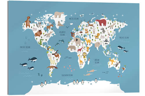 Tableau en plexi-alu World map with animals (blue)