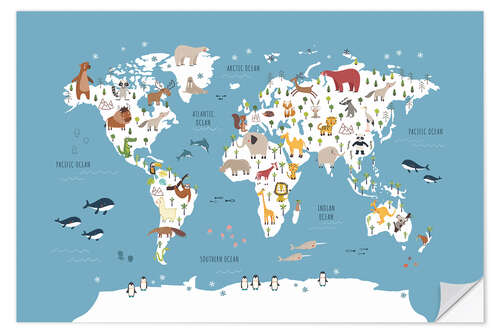 Selvklæbende plakat World map with animals (blue)