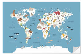 Sisustustarra World map with animals (blue)