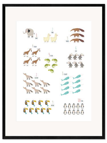 Impression artistique encadrée Numbers 1 to 10 with animals (english)